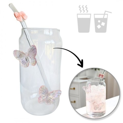 Szklanka wysoka ze słomką, MOTYLKI róż 500 ml, 1 szt- SZK163