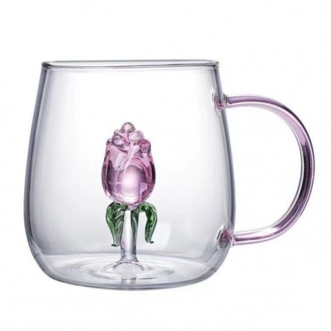 Szklanka ze szklanym tulipanem w środku, różowa rączka 400ml - SZK129