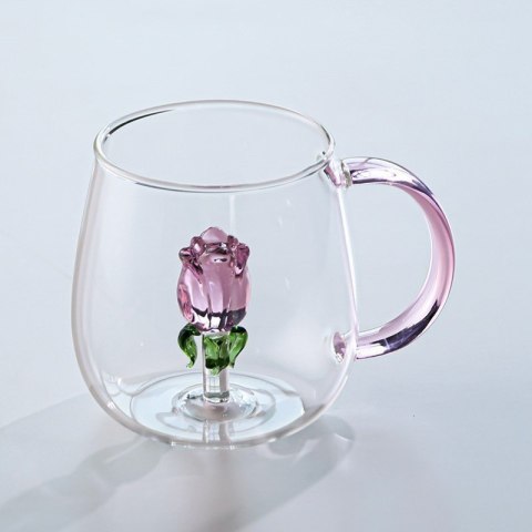 Szklanka ze szklanym tulipanem w środku, różowa rączka 400ml - SZK129