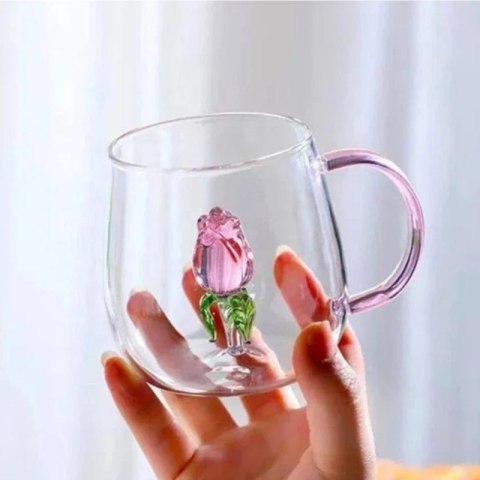 Szklanka ze szklanym tulipanem w środku, różowa rączka 400ml - SZK129
