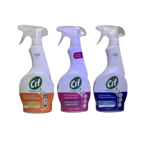 Zestaw Cif Cleanboost Uniwersalny Odtłuszczacz, Uniwersalny z wybielaczem, Uniwersalny Odkamieniacz. 3x500ml