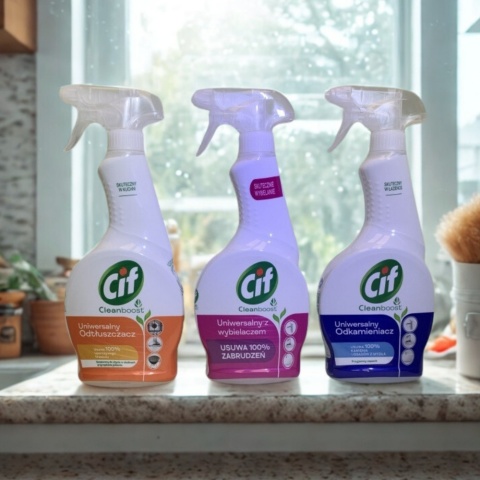 Zestaw Cif Cleanboost Uniwersalny Odtłuszczacz, Uniwersalny z wybielaczem, Uniwersalny Odkamieniacz. 3x500ml
