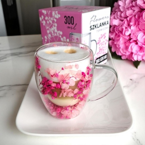 Szklanki termiczne z kwiatami w środku, gipsówka hortensje róż 300 ml 5szt