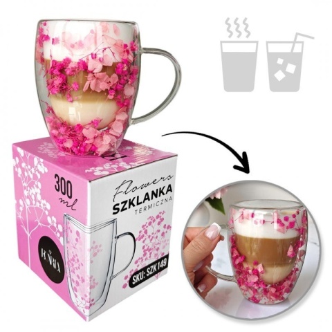Szklanki termiczne z kwiatami w środku, gipsówka hortensje róż 300 ml 5szt