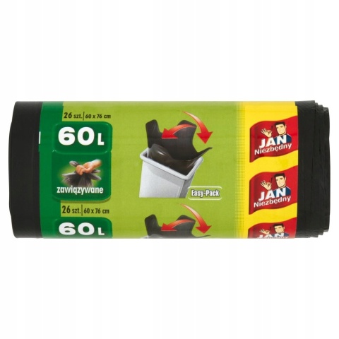 Worki na śmieci 60L czarne mocne wytrzymałe Jan Niezbędny 26szt. Easy pack